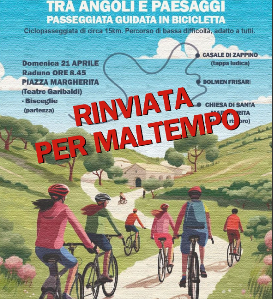 Rinviata per maltempo la passeggiata guidata in bicicletta di domenica 21 aprile