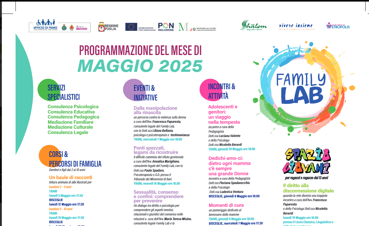 Anche a maggio, fitto calendario di appuntamenti nei Centri Servizi per le Famiglie “Family Lab” di Trani e Bisceglie
