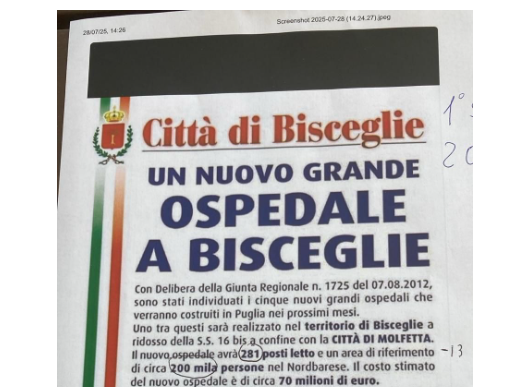 Nuovo grande Ospedale di Bisceglie, Spina: onorato di aver firmato il Protocollo iniziale nel 2012