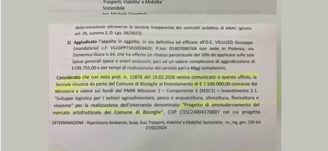 Nuovo mercato ortofrutticolo, Spina: «Bisceglie perde il finanziamento, un disastro»